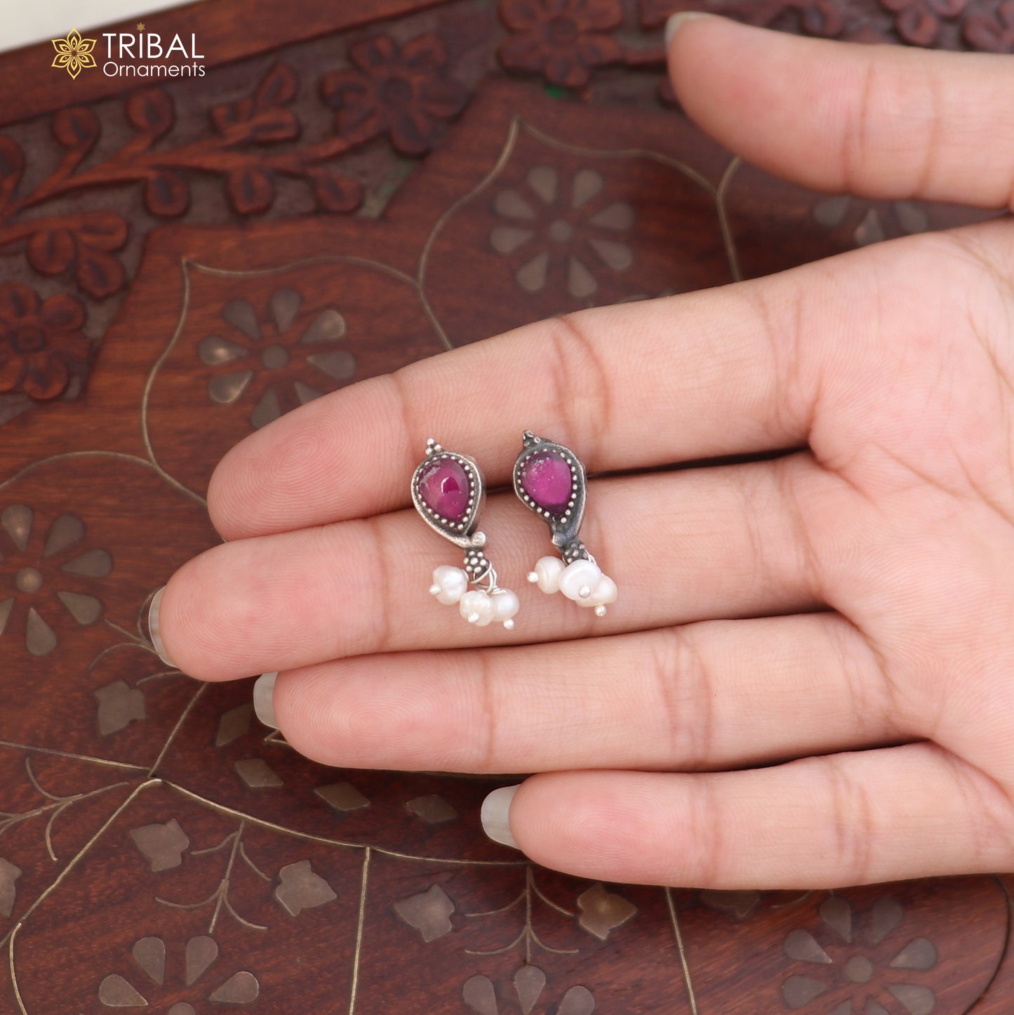 925 sterling silver necklace and earrings set with ruby red and white cut stones, tribal oxidized ethnic jewelry by TRIBAL ORNAMENTS