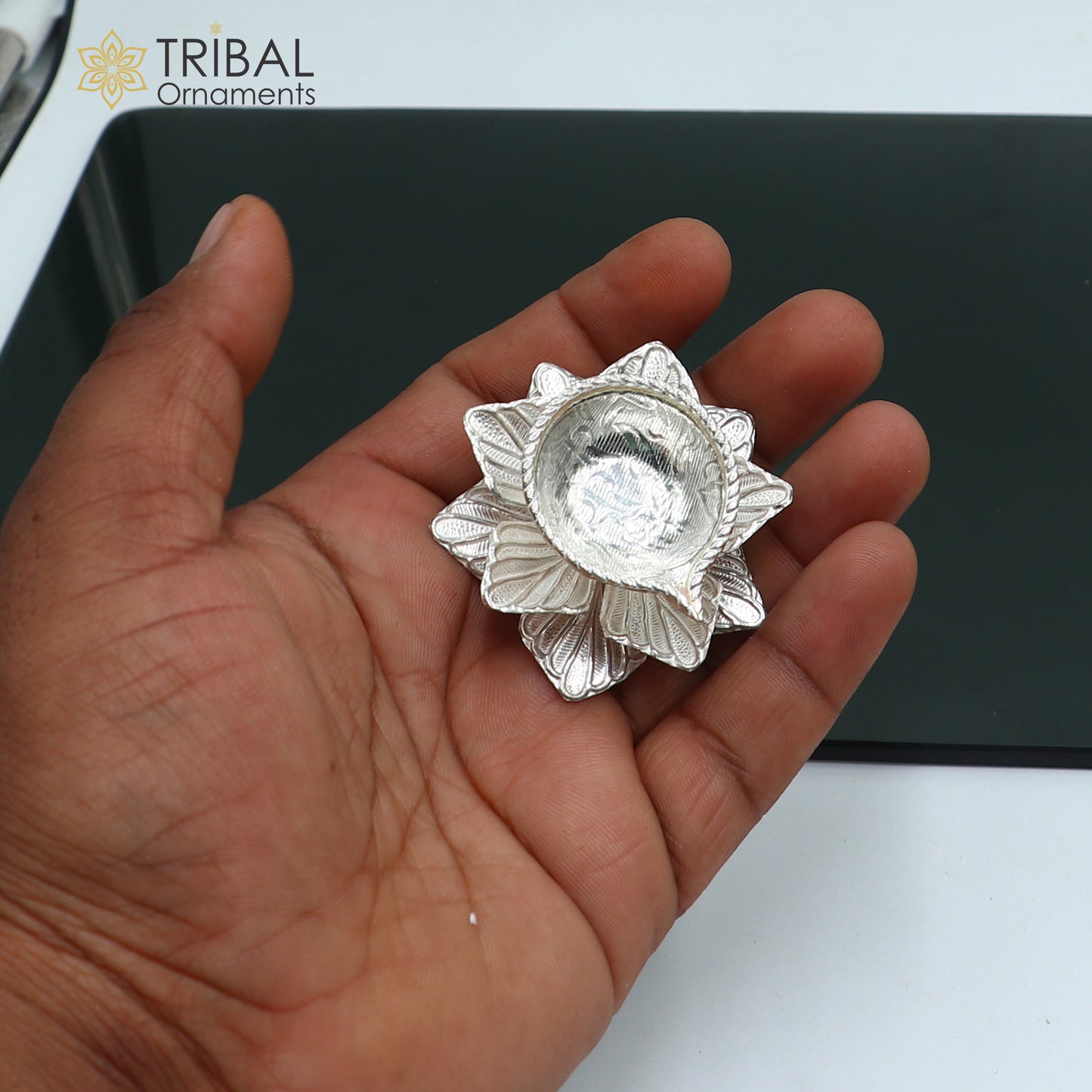 925 sterling silver handcrafted flower design lamp/ Deepak, silver article, puja utensils, silver figurine su1066 - TRIBAL ORNAMENTS