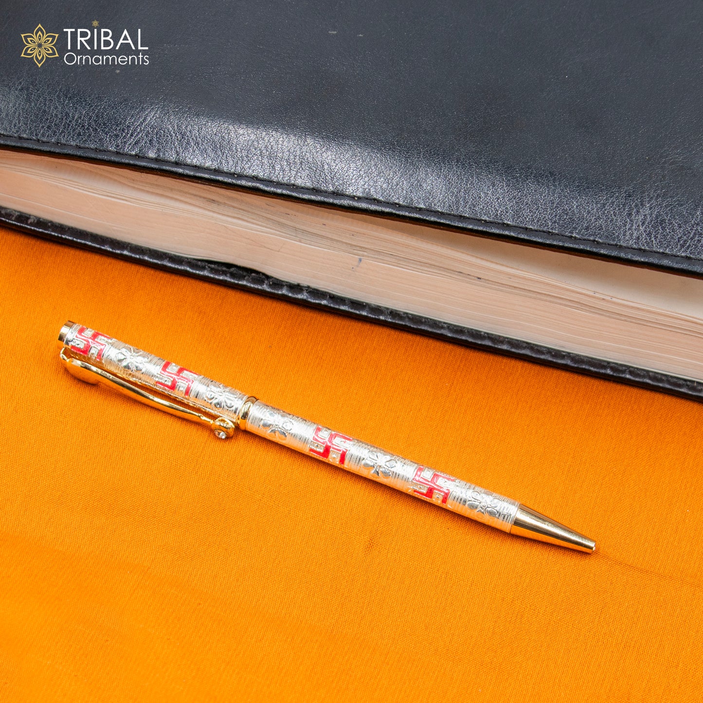 925 Sterling silver handmade swastik design writing ball pen, best silver gifting article from india art807 - TRIBAL ORNAMENTS