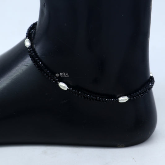 925 sterling silver double chain black beaded anklet bracelet amazing light weight delicate anklets silver jewelry ank659 - TRIBAL ORNAMENTS