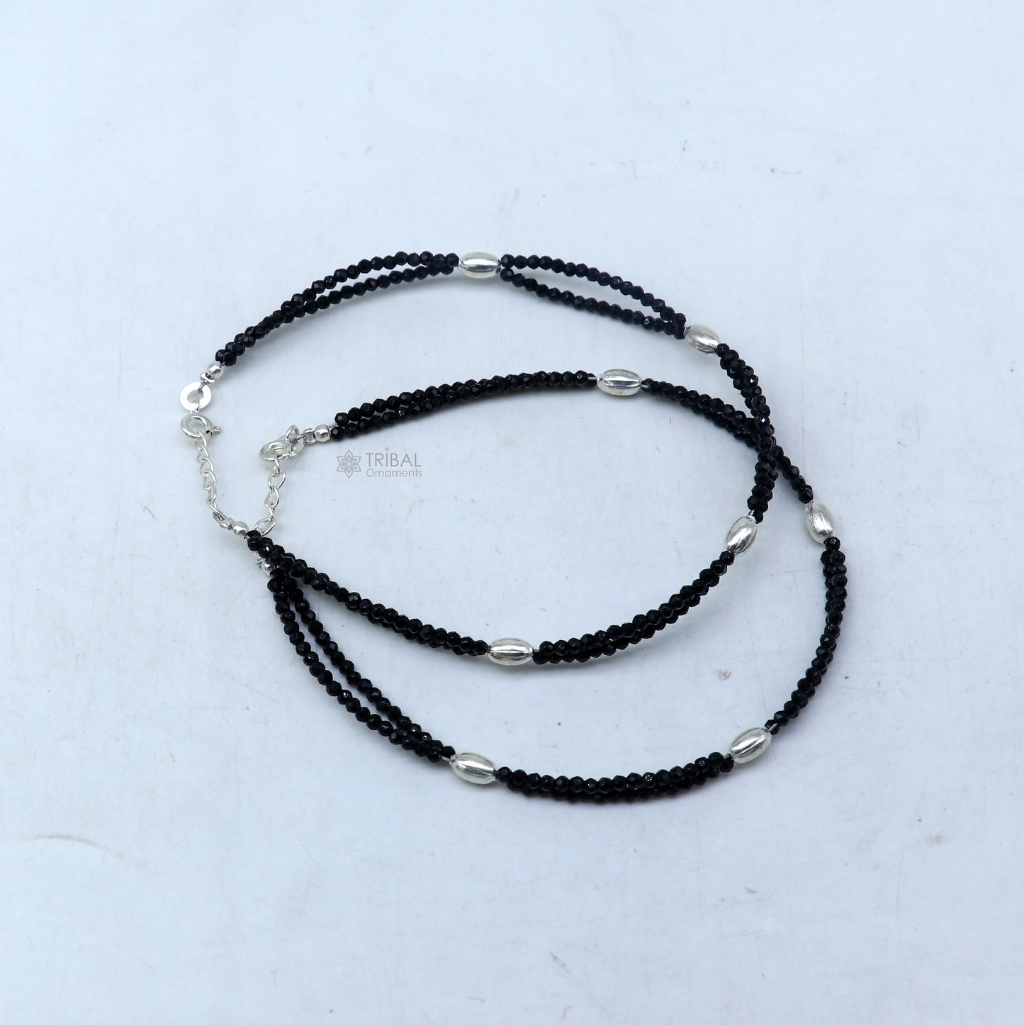 925 sterling silver double chain black beaded anklet bracelet amazing light weight delicate anklets silver jewelry ank659 - TRIBAL ORNAMENTS