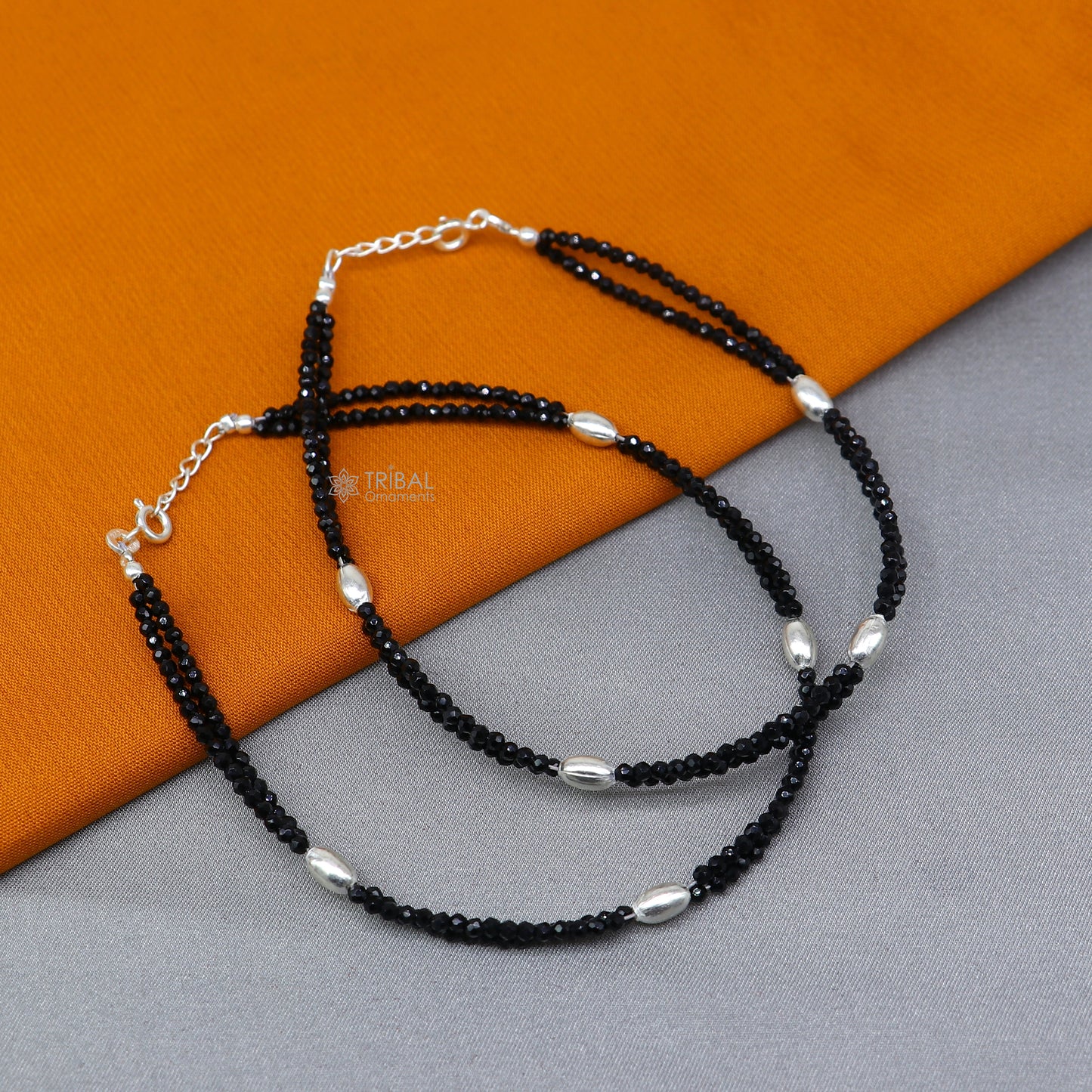 925 sterling silver double chain black beaded anklet bracelet amazing light weight delicate anklets silver jewelry ank659 - TRIBAL ORNAMENTS