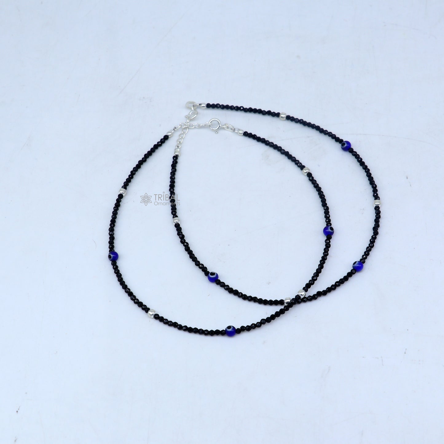 925 sterling silver single chain evil eye black beaded anklet bracelet amazing light weight delicate anklets silver jewelry ank657 - TRIBAL ORNAMENTS