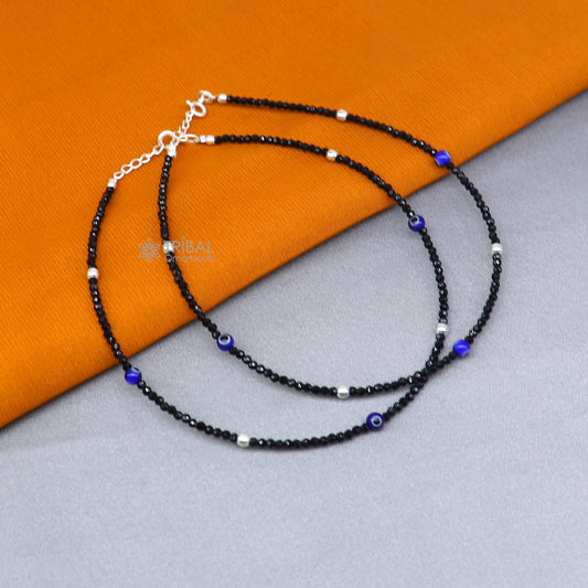 925 sterling silver single chain evil eye black beaded anklet bracelet amazing light weight delicate anklets silver jewelry ank657 - TRIBAL ORNAMENTS