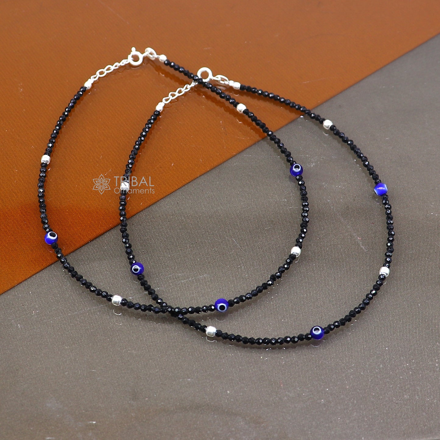 925 sterling silver single chain evil eye black beaded anklet bracelet amazing light weight delicate anklets silver jewelry ank657 - TRIBAL ORNAMENTS