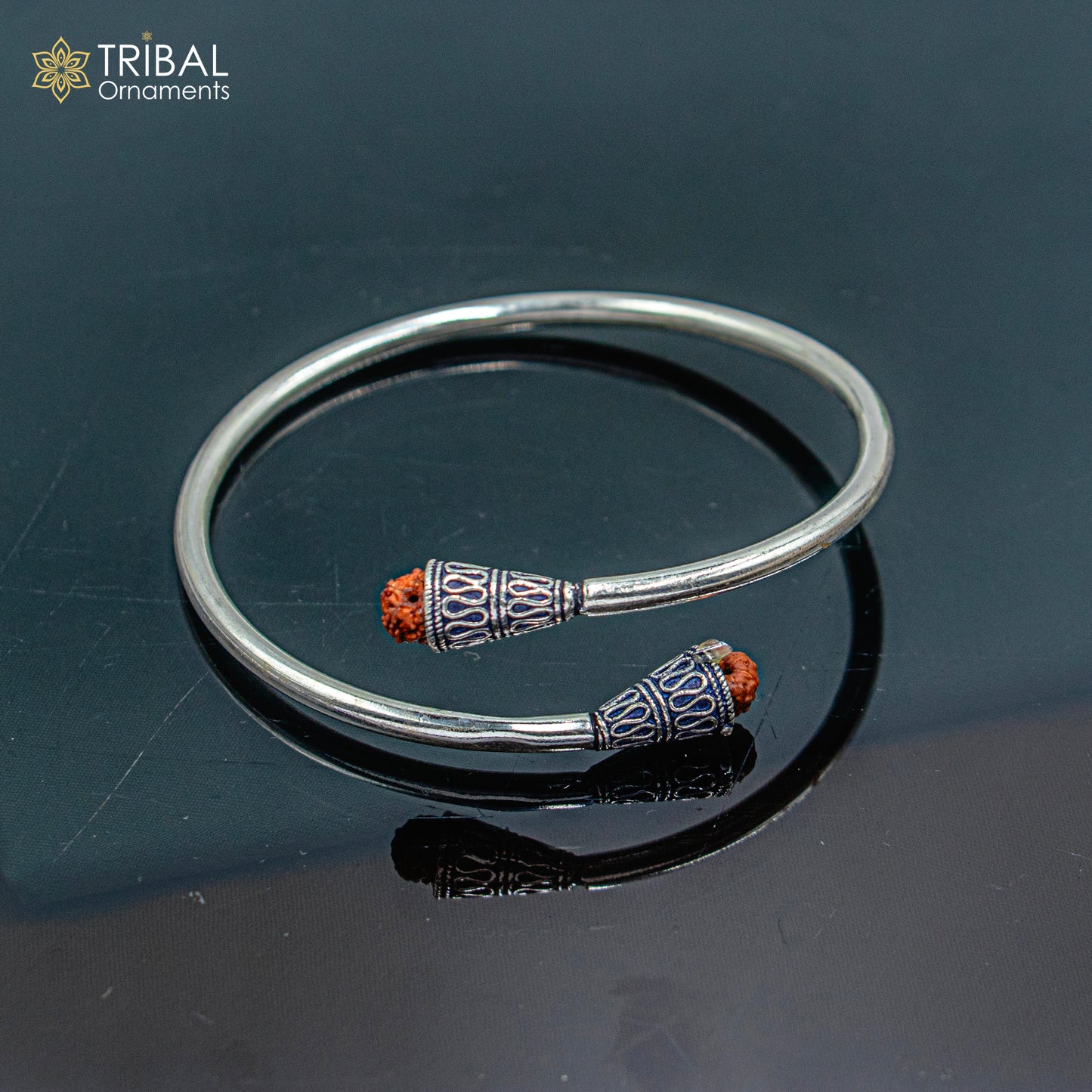 925 sterling silver handmade rudraksha kada bracelet unisex kada nsk898 - TRIBAL ORNAMENTS