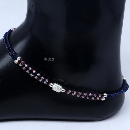 925 sterling silver double chain red and blue beaded anklet bracelet amazing light weight delicate anklets silver jewelry ank654 - TRIBAL ORNAMENTS