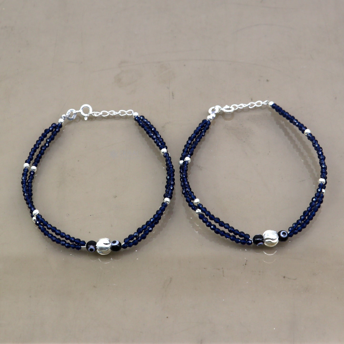 925 sterling silver and evil eye blue beaded chain bracelet Combo use mother bracelet or baby anklets, sbr751 - TRIBAL ORNAMENTS