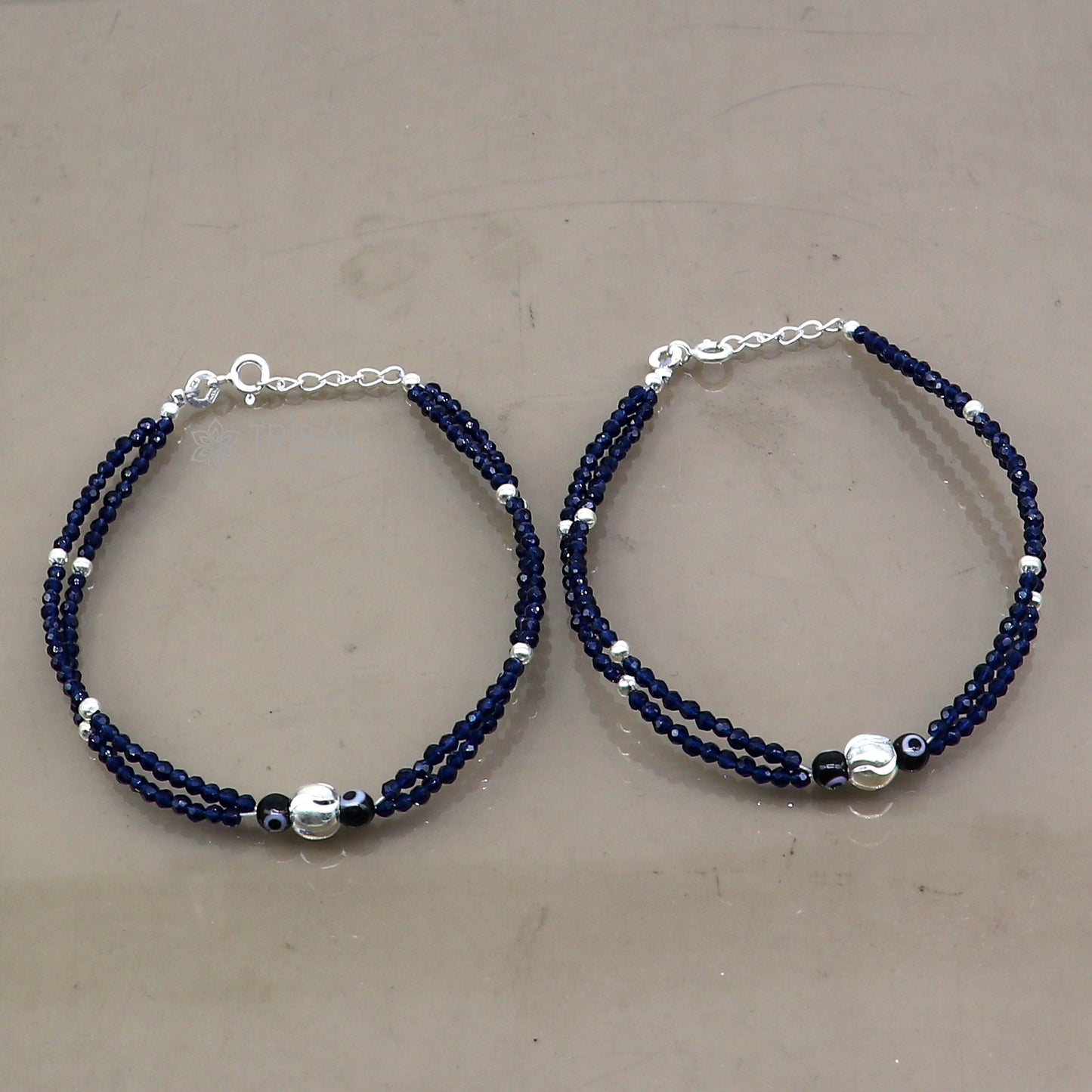 925 sterling silver and evil eye blue beaded chain bracelet Combo use mother bracelet or baby anklets, sbr751 - TRIBAL ORNAMENTS