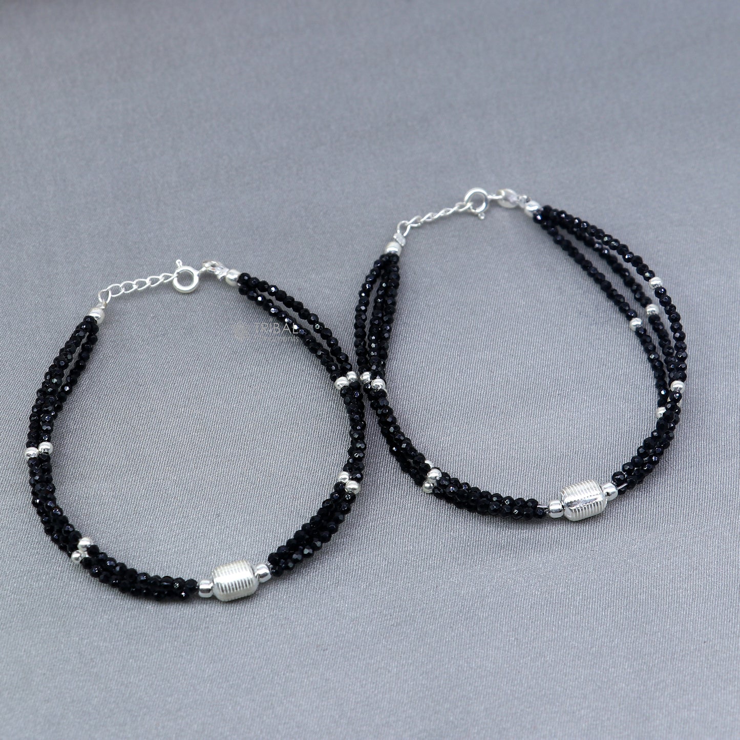 925 sterling silver bead and black beaded chain bracelet Combo use mother bracelet or baby anklets, sbr750 - TRIBAL ORNAMENTS