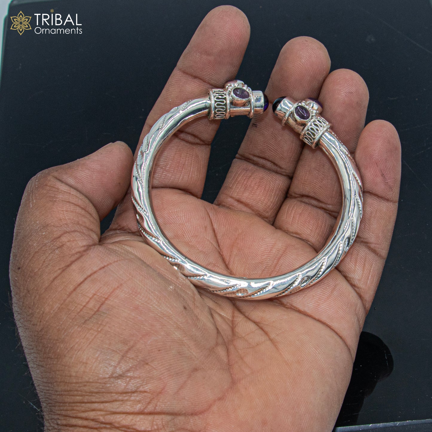 925 Sterling silver customized purple turquoise stone bangle bracelet , unisex kada tribal jewelry nsk907