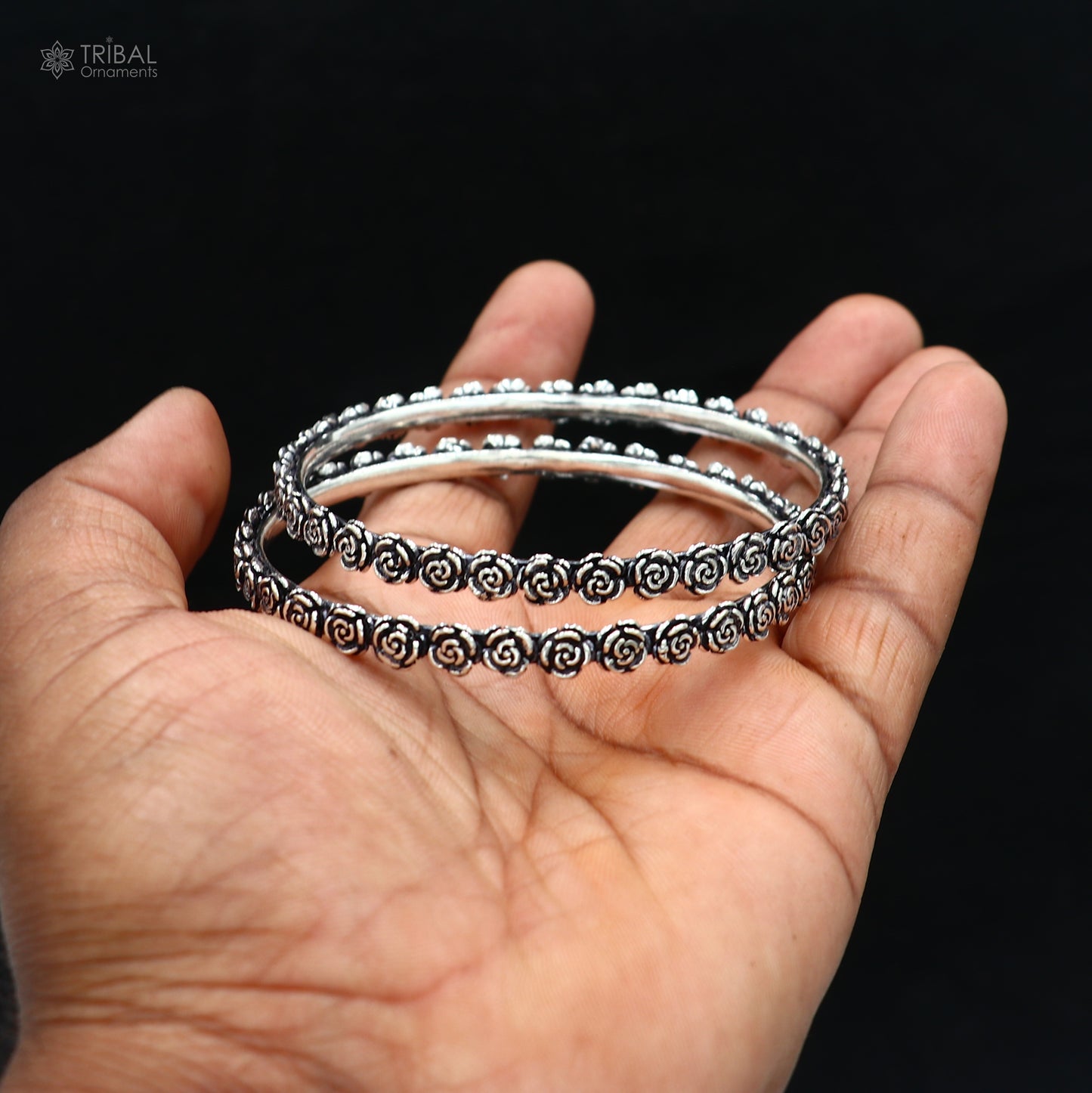 925 Sterling silver flower design bangle kada tribal jewelry nsk913