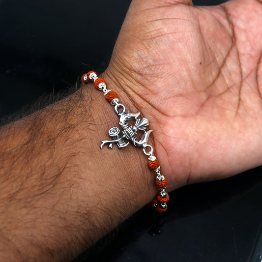 925 Sterling silver customized rudraksha beaded Lord Shiva trident / trishul Rakhi bracelet. best gift for your brother's of special Rakshabandhan rk406 - TRIBAL ORNAMENTS