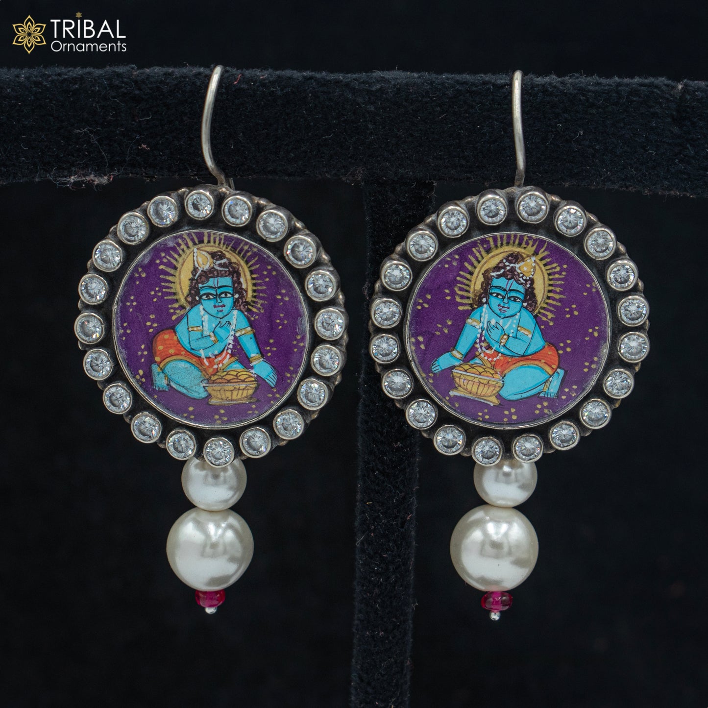 925 sterling silver lord krishna miniature art Painting hoops earring s1365