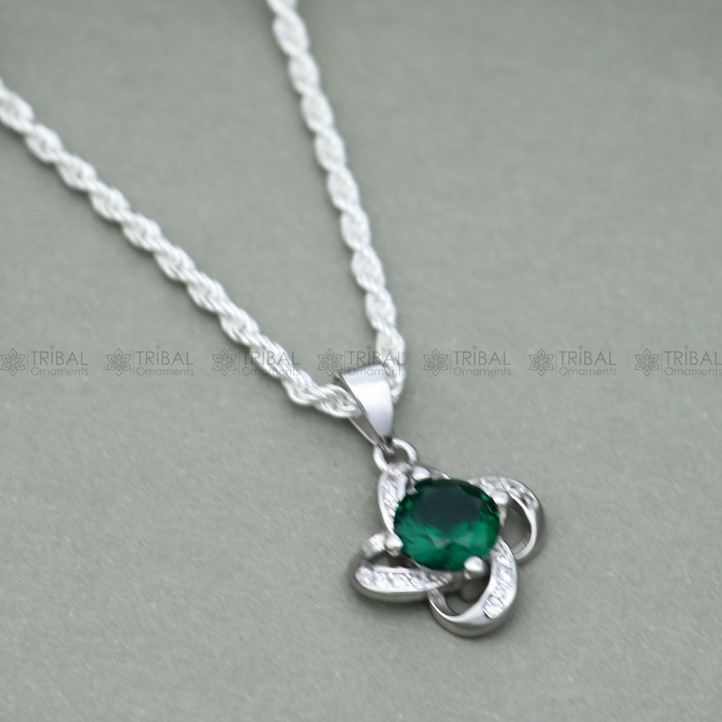 925 Sterling silver flower with green diamond (emerald) pendant set nsp964 - TRIBAL ORNAMENTS