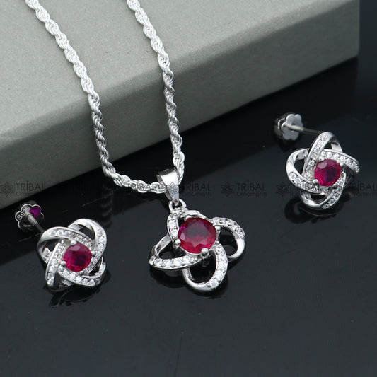 925 Sterling silver flower with Red diamond (rubby )  pendant set nsp963 - TRIBAL ORNAMENTS