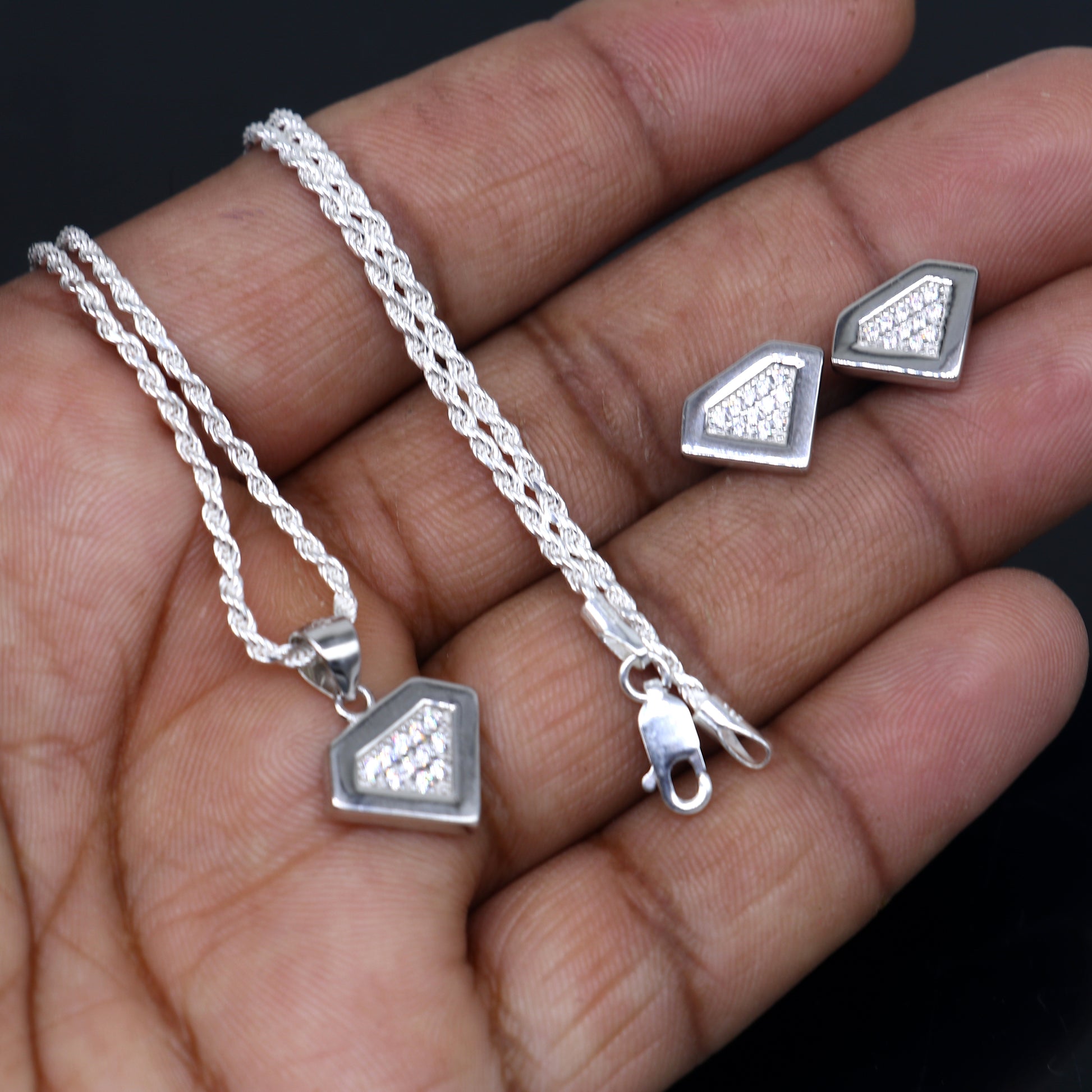 925 Sterling silver sparkle diamond cubic zirconia stone  pendant set nsp970 - TRIBAL ORNAMENTS