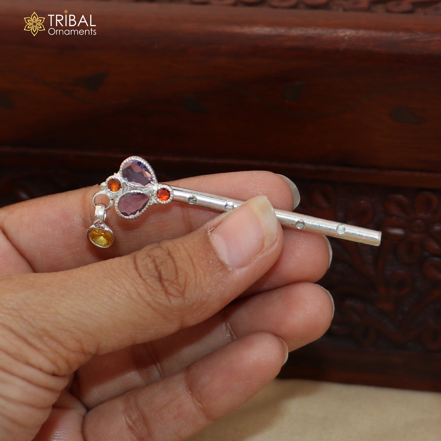925 sterling silver stone design bansuri laddu Gopala flute, Krishna flute su1400