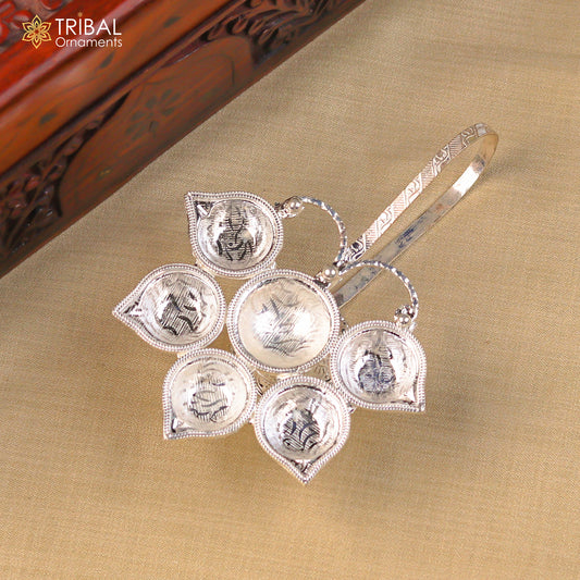 925 Sterling silver handmade amazing design home temple art Aarti lamp, amazing handcrafting work home decor temple art figurine su1204