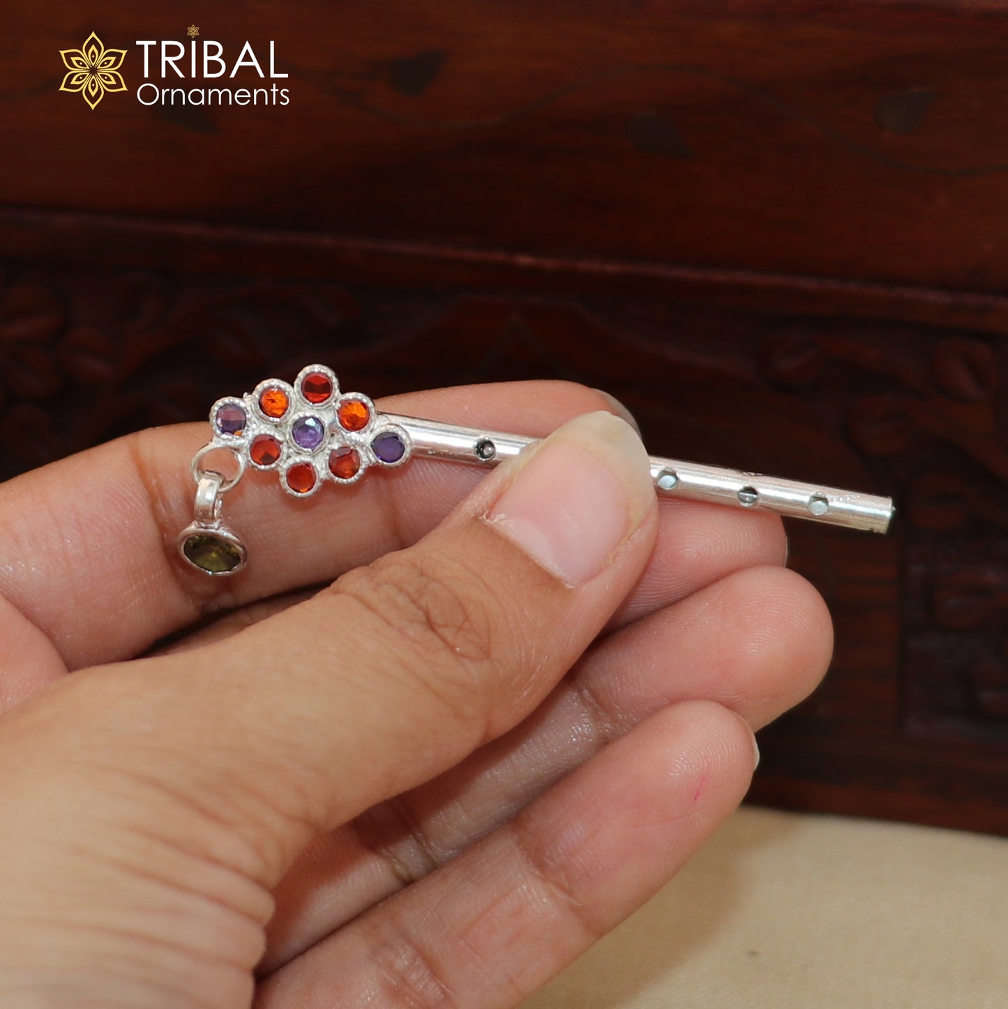 925 sterling silver stone design bansuri laddu Gopala flute, Krishna flute su1408