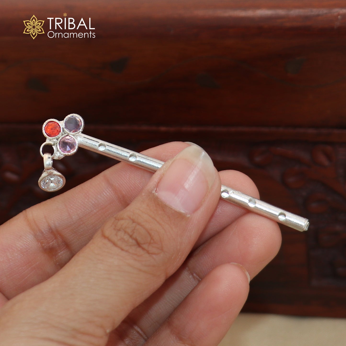 925 sterling silver stone design bansuri laddu Gopala flute, Krishna flute su1413