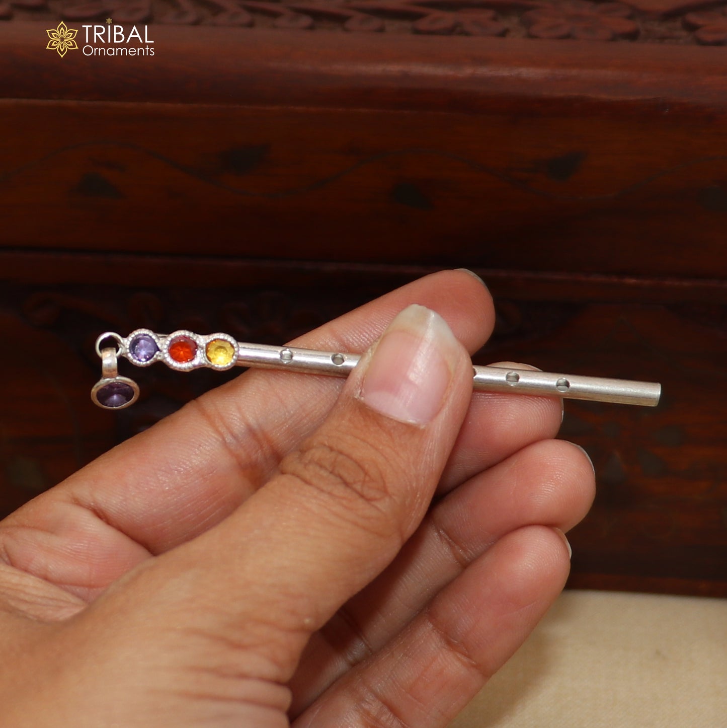 925 sterling silver stone design bansuri laddu Gopala flute, Krishna flute su1416