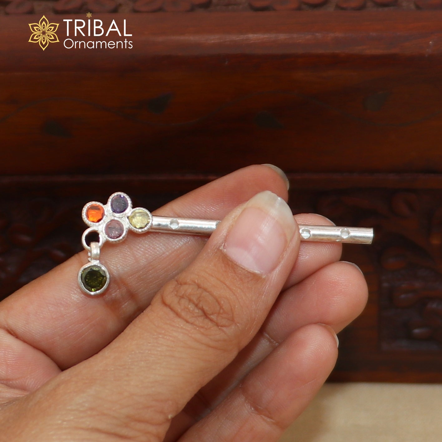 925 sterling silver stone design bansuri laddu Gopala flute, Krishna flute su1417