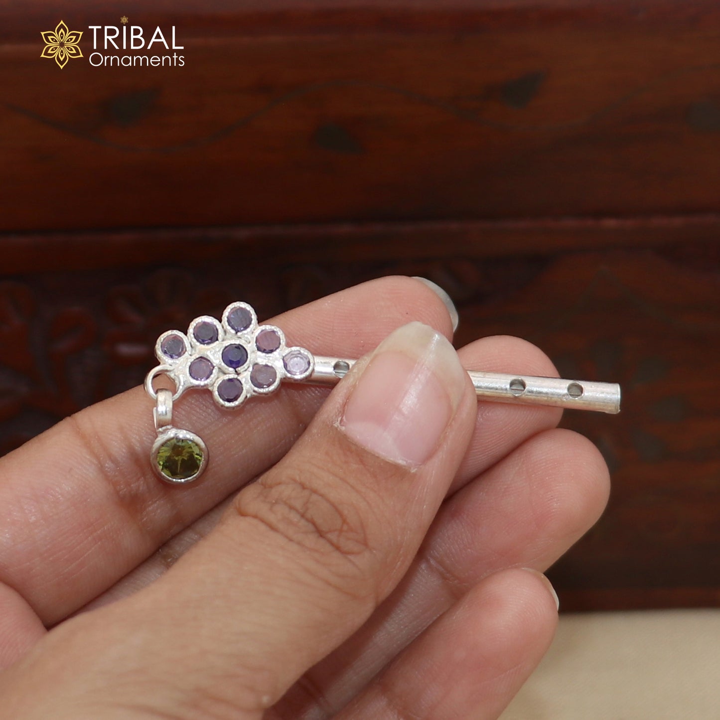 925 sterling silver stone design bansuri laddu Gopala flute, Krishna flute su1419