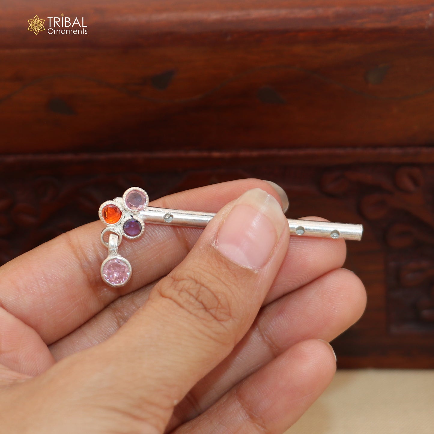 925 sterling silver stone design bansuri laddu Gopala flute, Krishna flute su1420