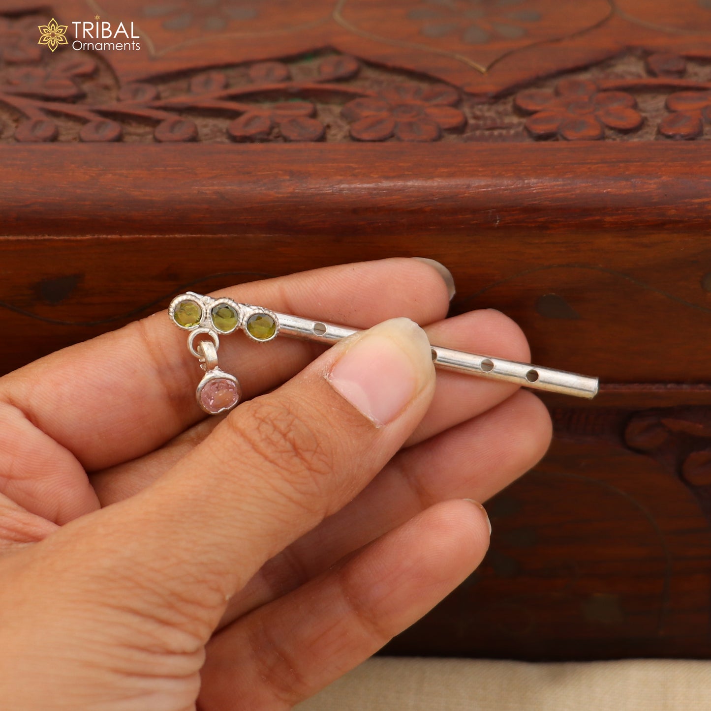 925 sterling silver stone design bansuri laddu Gopala flute, Krishna flute su1422