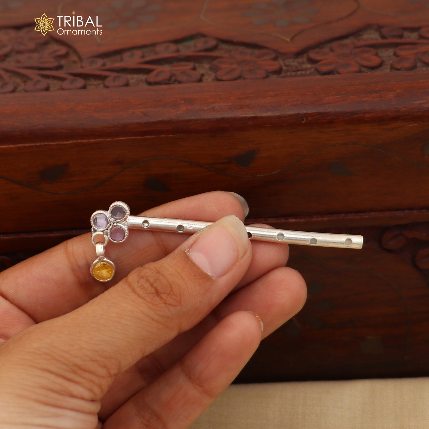 925 sterling silver stone design bansuri laddu Gopala flute, Krishna flute su1426