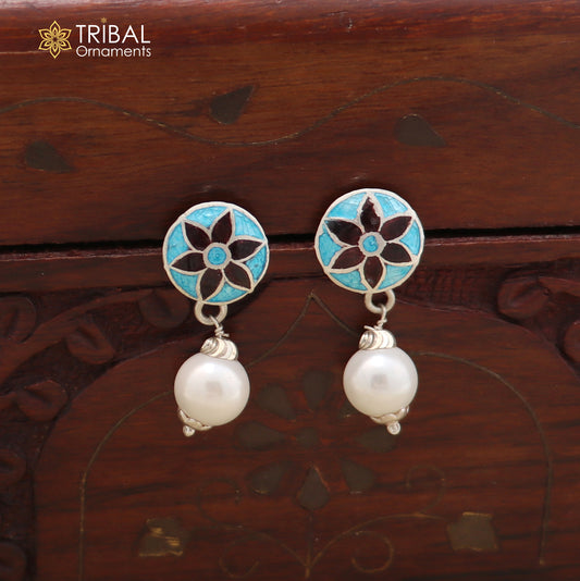92.5 sterling silver gorgeous minakari design pearl jhumka earring stylish jewelry er310