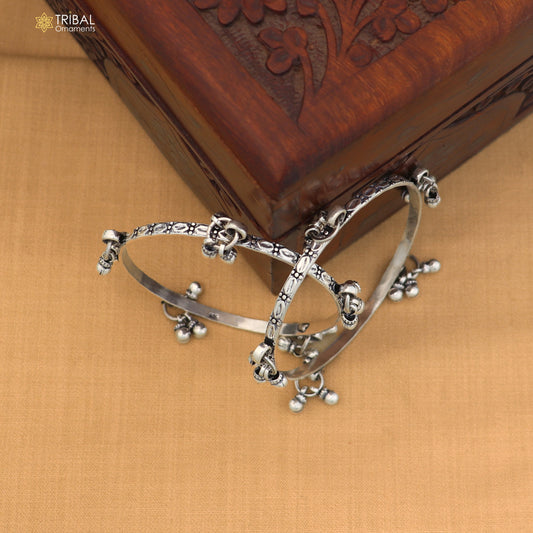 925 Sterling silver vintage design hanging bells bangle kada tribal oxidized jewelry ba462