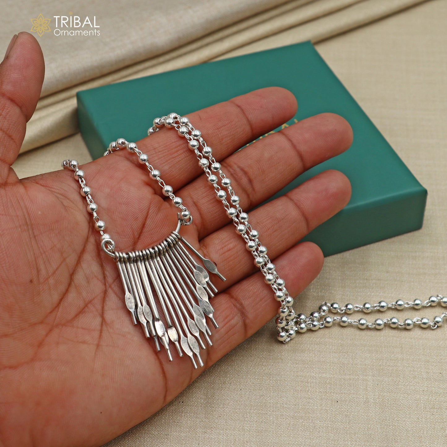 925 sterling silver 26 inches beaded chain with silver stick design ethnic long necklace tribal jewelry set726