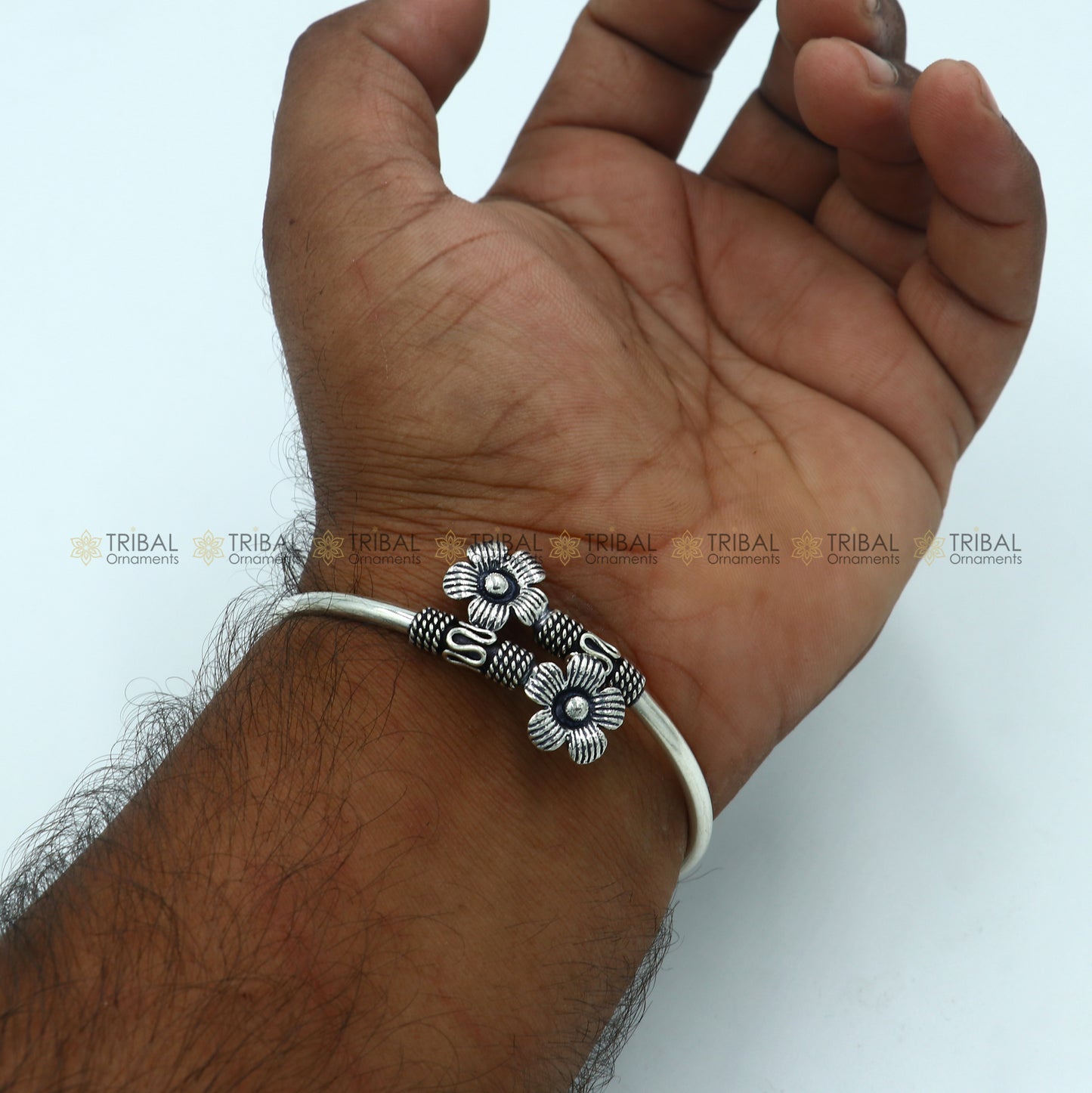 925 sterling silver handmade double flower design stylish kada bangle bracelet tribal jewelry nsk867 - TRIBAL ORNAMENTS