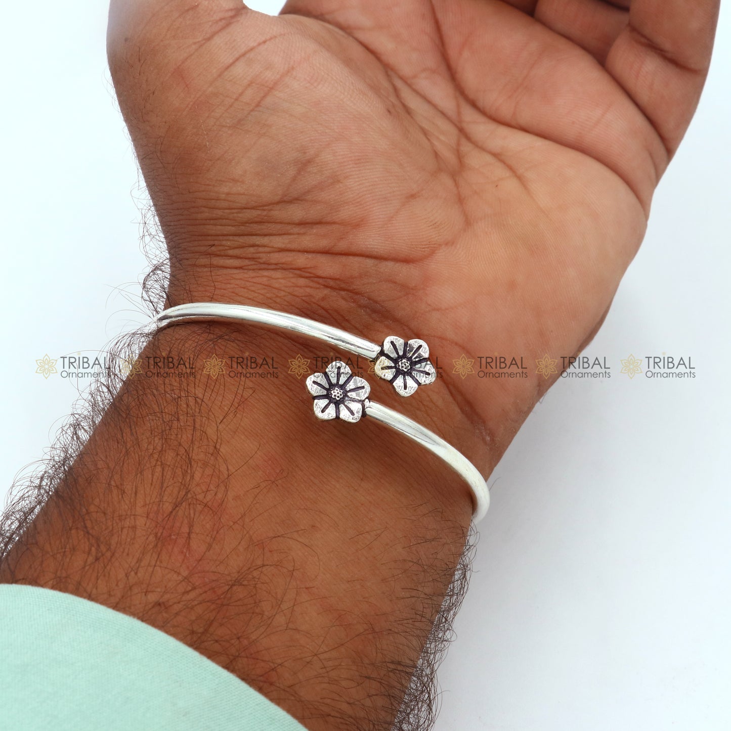 925 sterling silver handmade flower design stylish kada bangle bracelet tribal jewelry nsk869 - TRIBAL ORNAMENTS