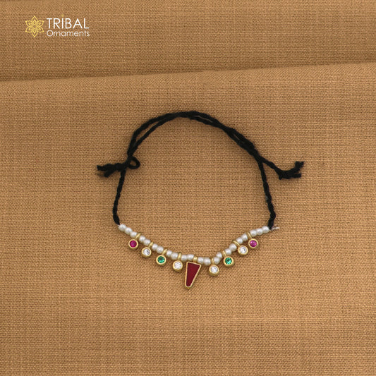 925 sterling silver pearl style multi color stone necklace for idols or god statues gold polished jewelry set864