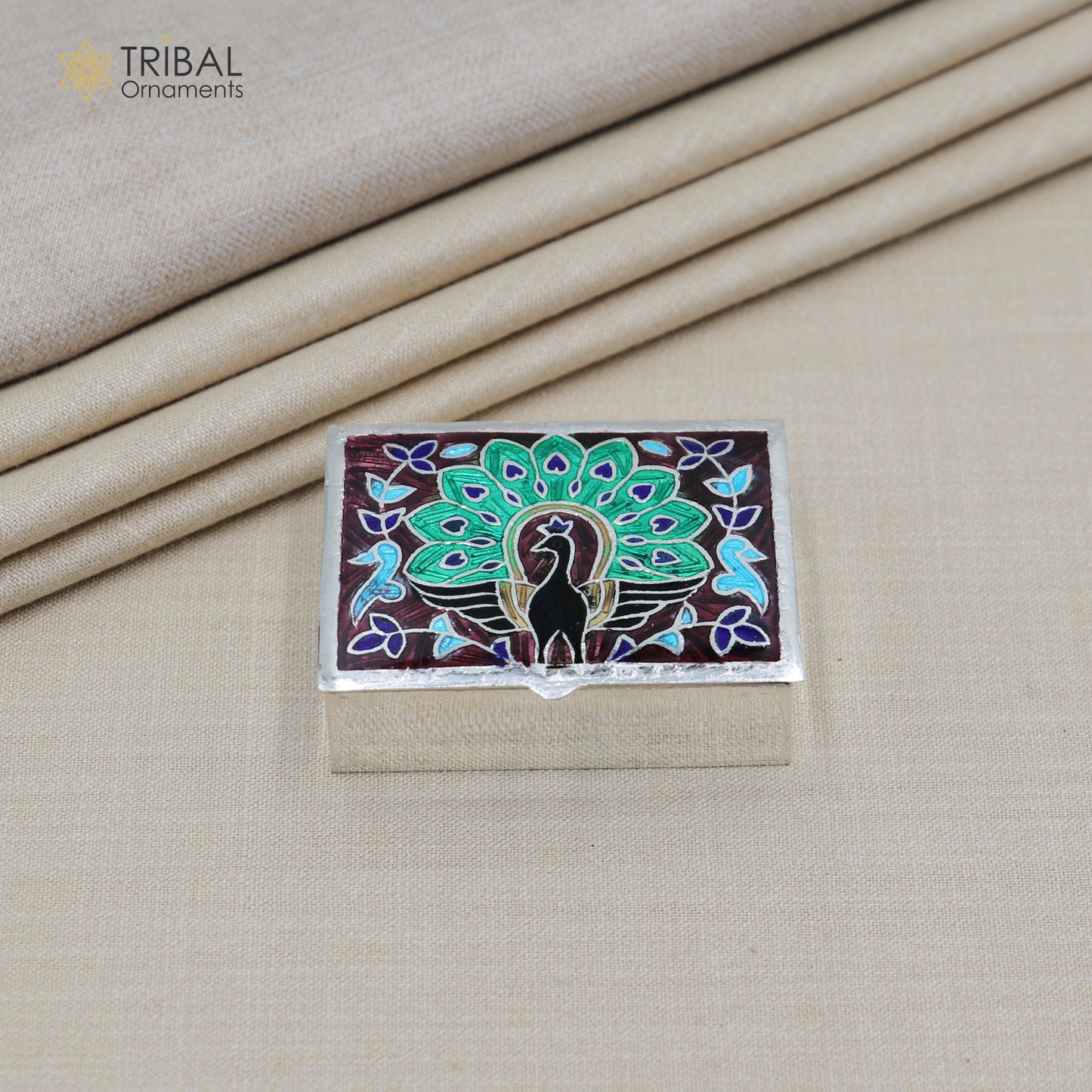 925 sterling silver Enamel work peacock design trinket,casket,container, Sindoor box brides jewelry stb869