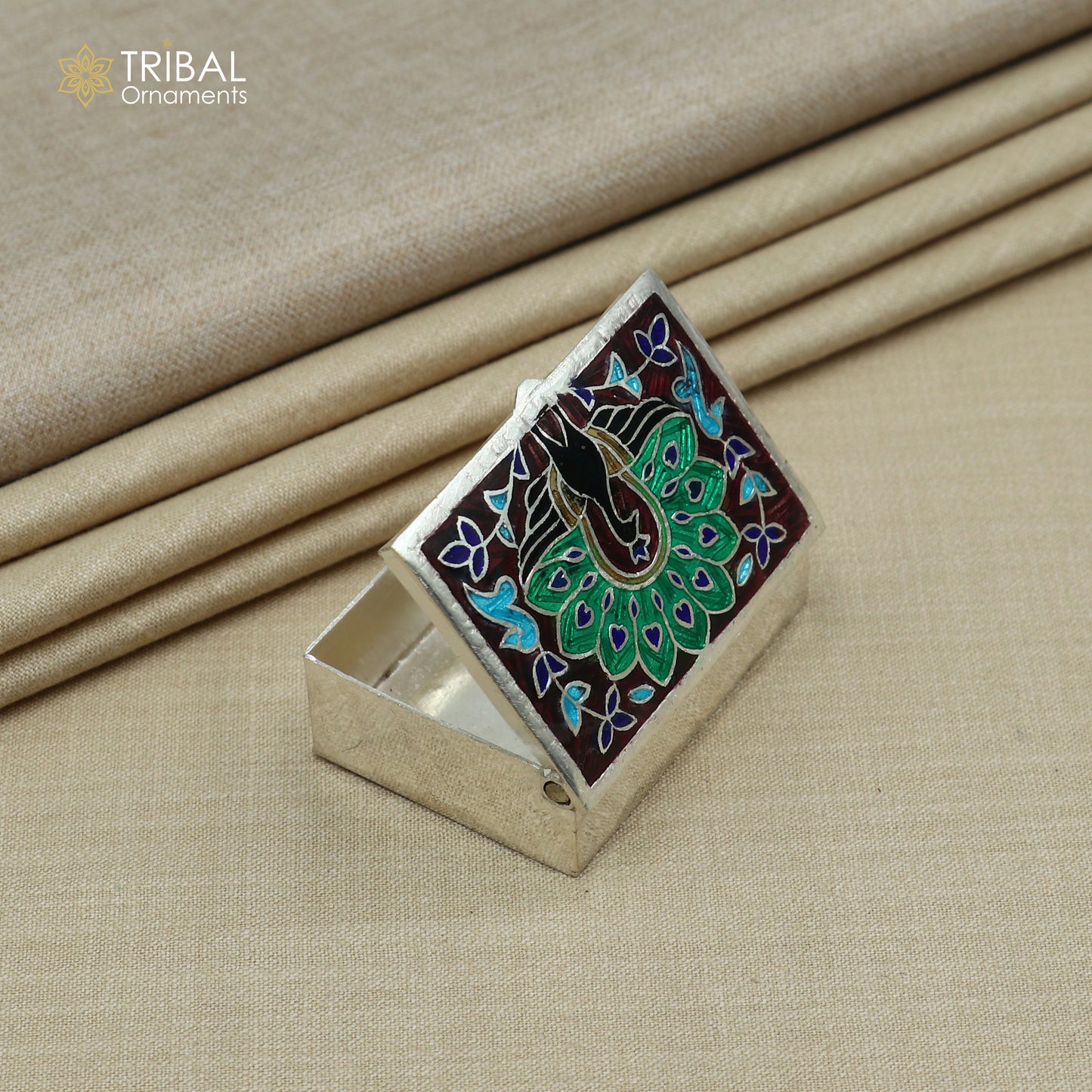 925 sterling silver Enamel work peacock design trinket,casket,container, Sindoor box brides jewelry stb869