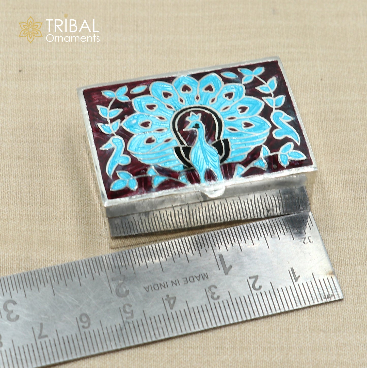 925 sterling silver minakari peacock design trinket ,casket, container, Sindoor box brides jewelry stb871