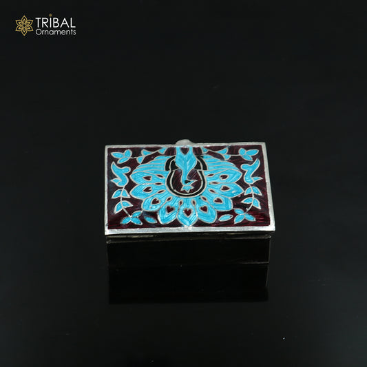 925 sterling silver minakari peacock design trinket ,casket, container, Sindoor box brides jewelry stb871