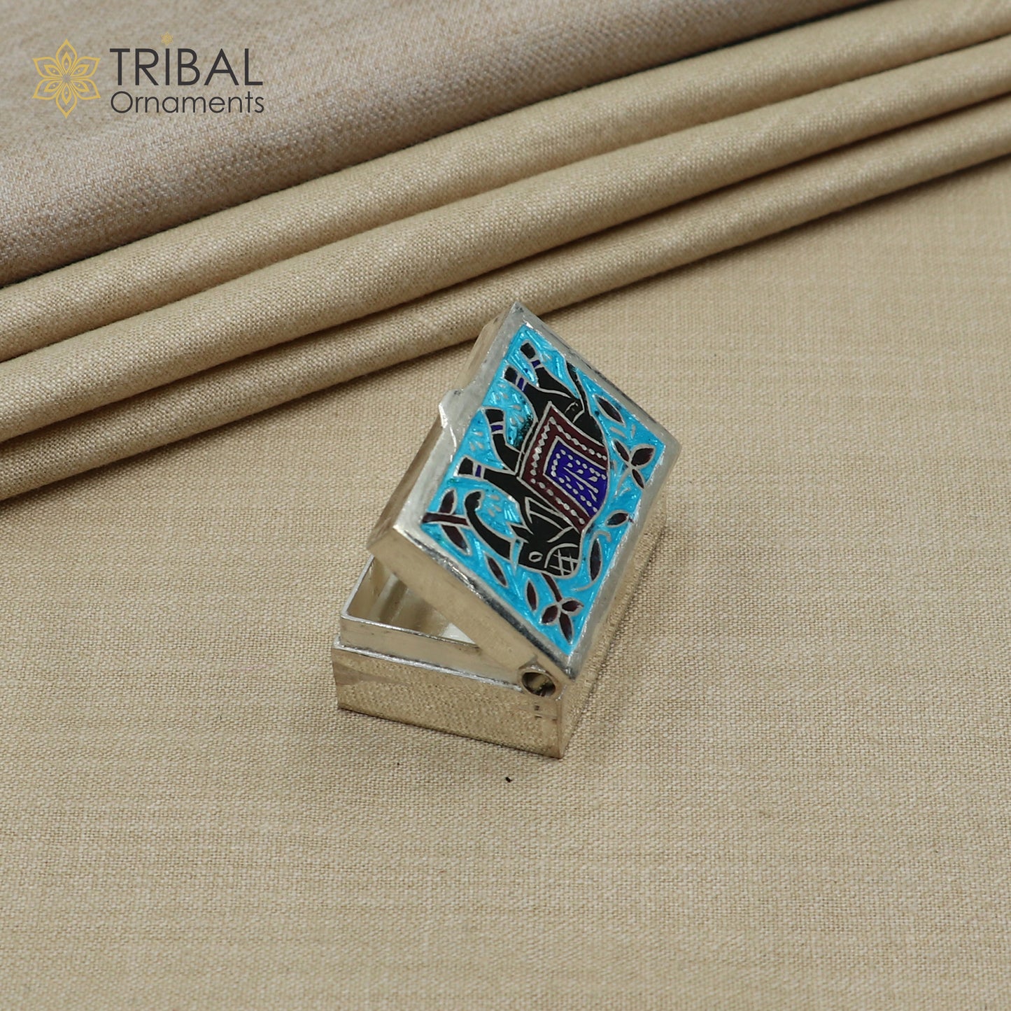 925 sterling silver meenakari elephant design trinket,casket, Sindoor box brides jewelry stb876