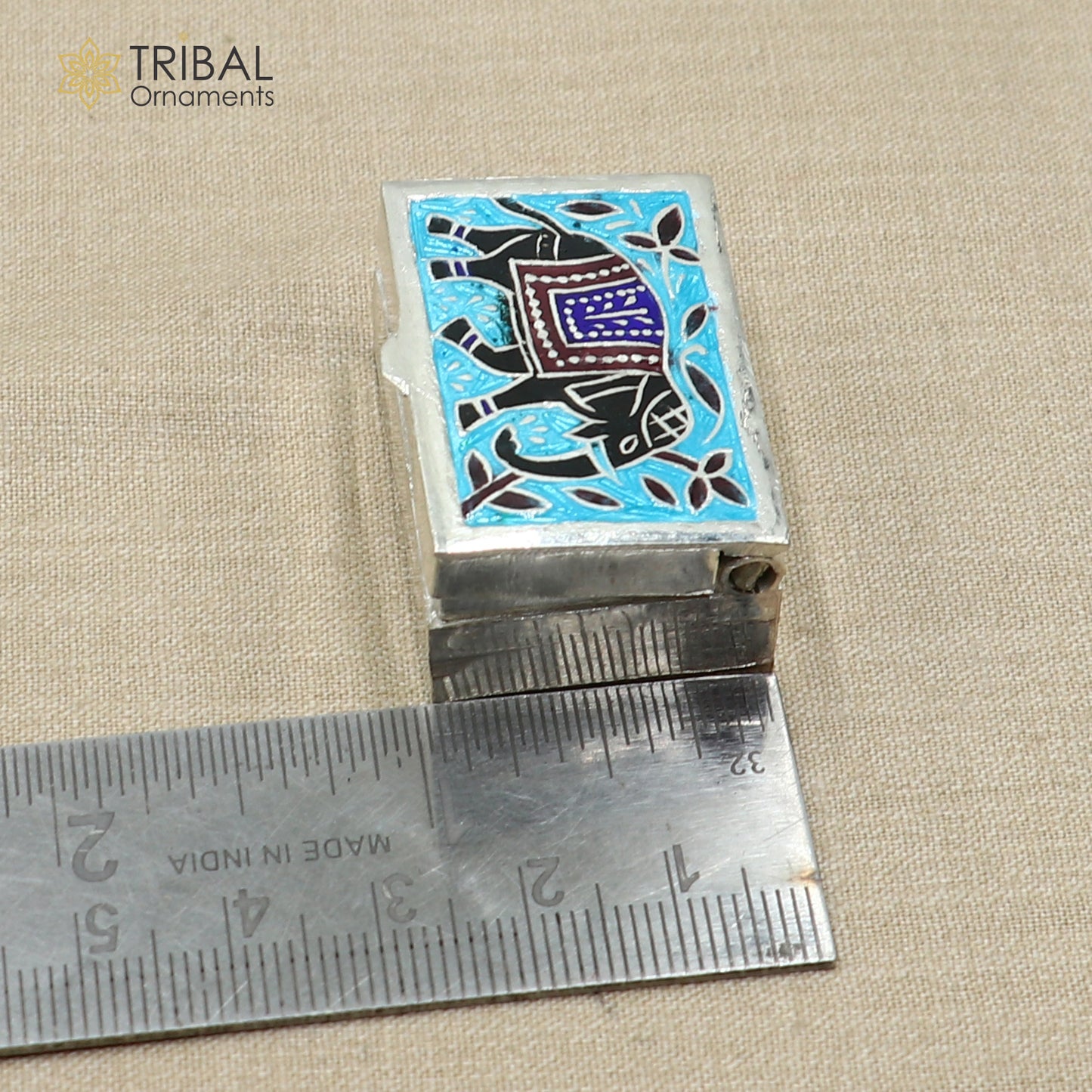 925 sterling silver meenakari elephant design trinket,casket, Sindoor box brides jewelry stb876
