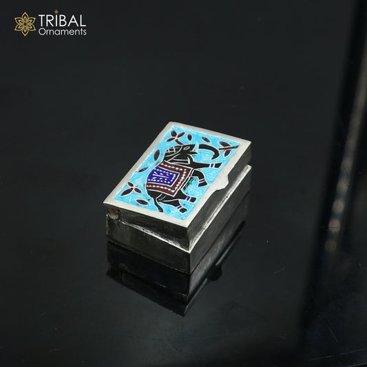 925 sterling silver meenakari elephant design trinket,casket, Sindoor box brides jewelry stb876
