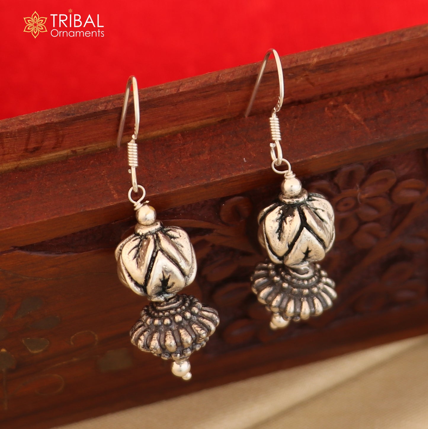 925 sterling silver vintage leaf design hoops earrings, tribal ethnic jewelry er237