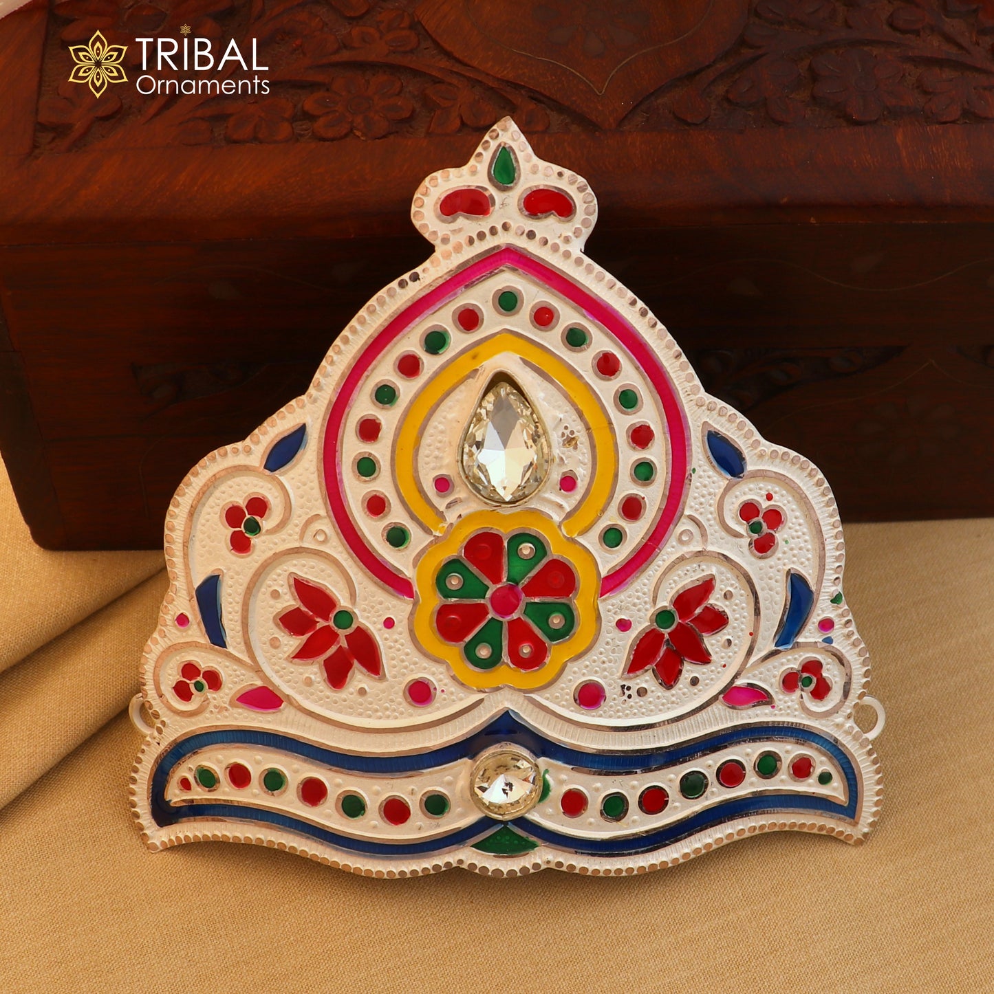 925 sterling silver antique minakari mandala design silver mukut (crown), amazing god crown temple god art sm46