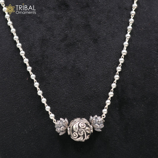 925 sterling silver handmade 4mm beads long necklace, unique ball design pendant traditional cultural functional necklace jewelry  SET535