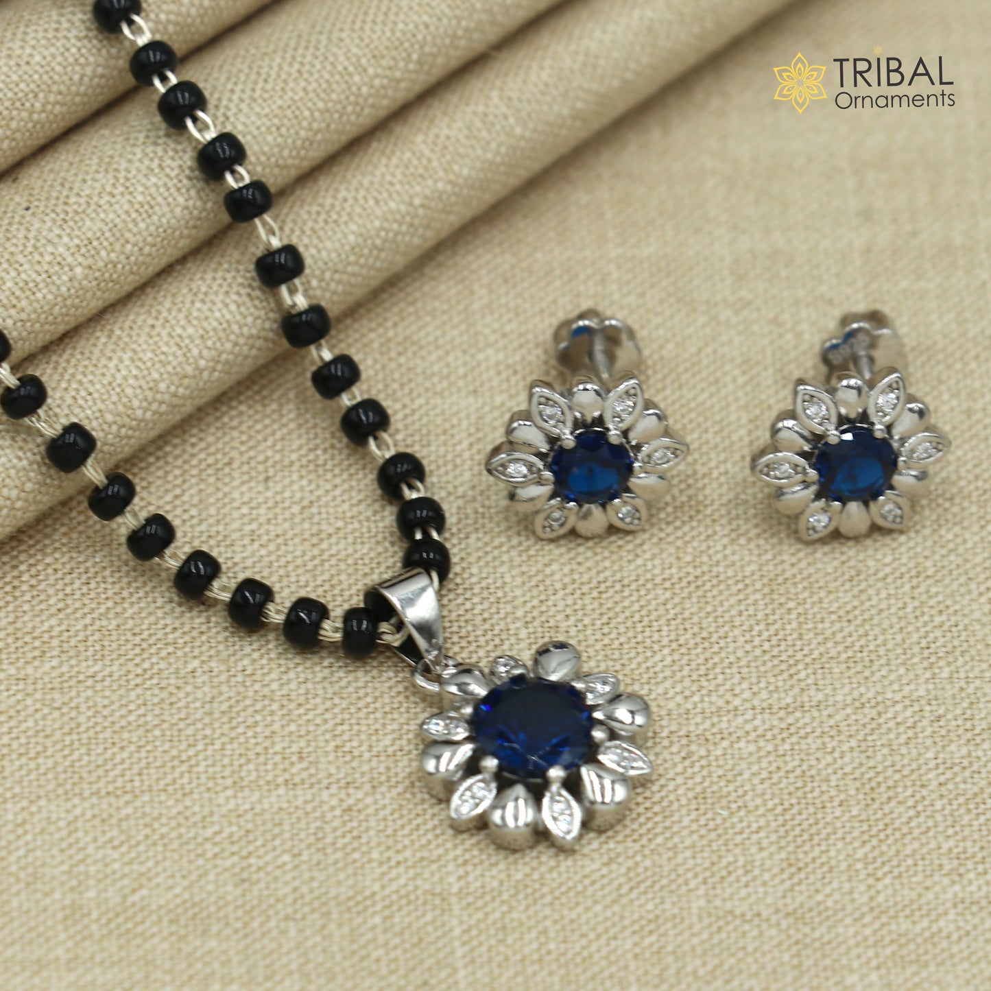 18 inches 925 sterling silver blue stone pendant mangalsutra with earring ms156