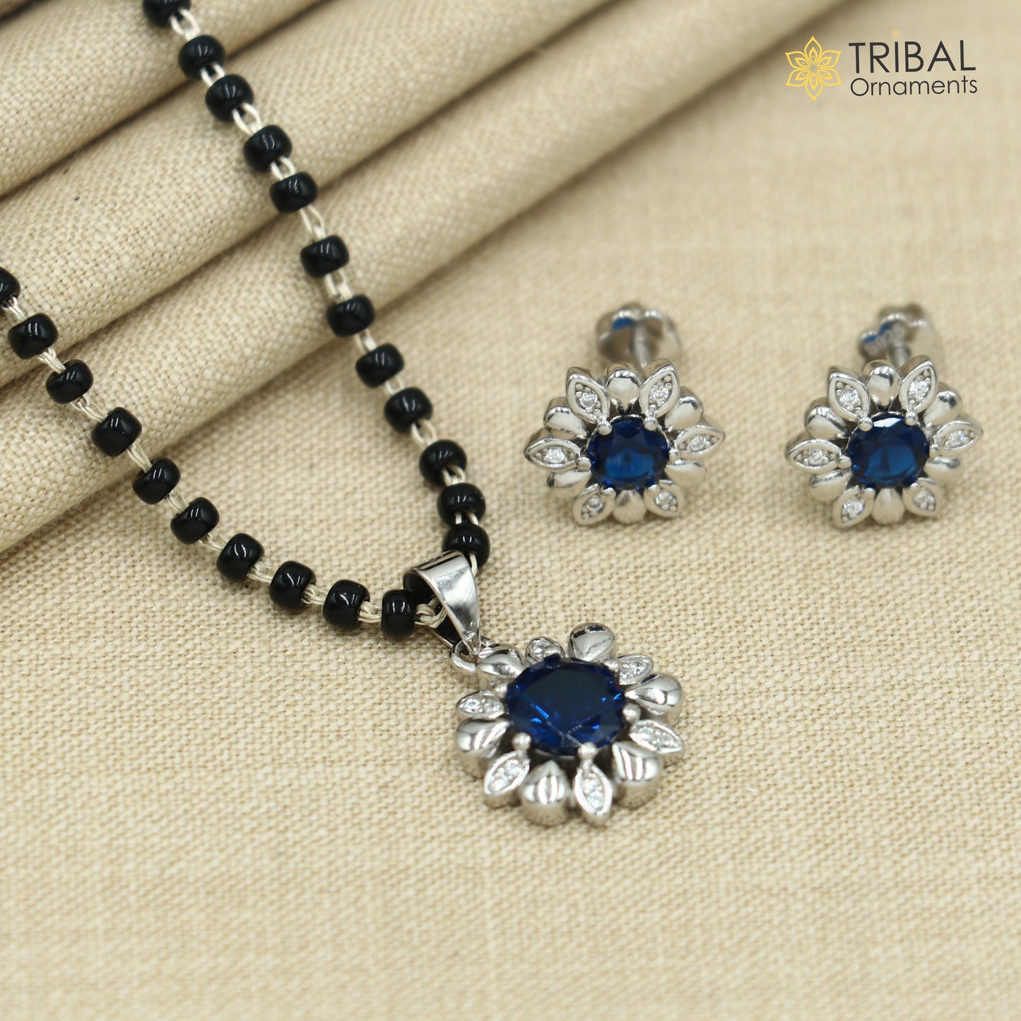 18 inches 925 sterling silver blue stone pendant mangalsutra with earring ms156