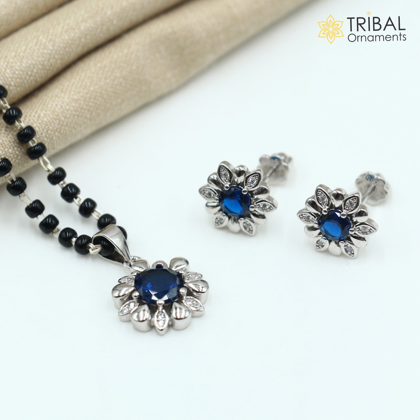 18 inches 925 sterling silver blue stone pendant mangalsutra with earring ms156